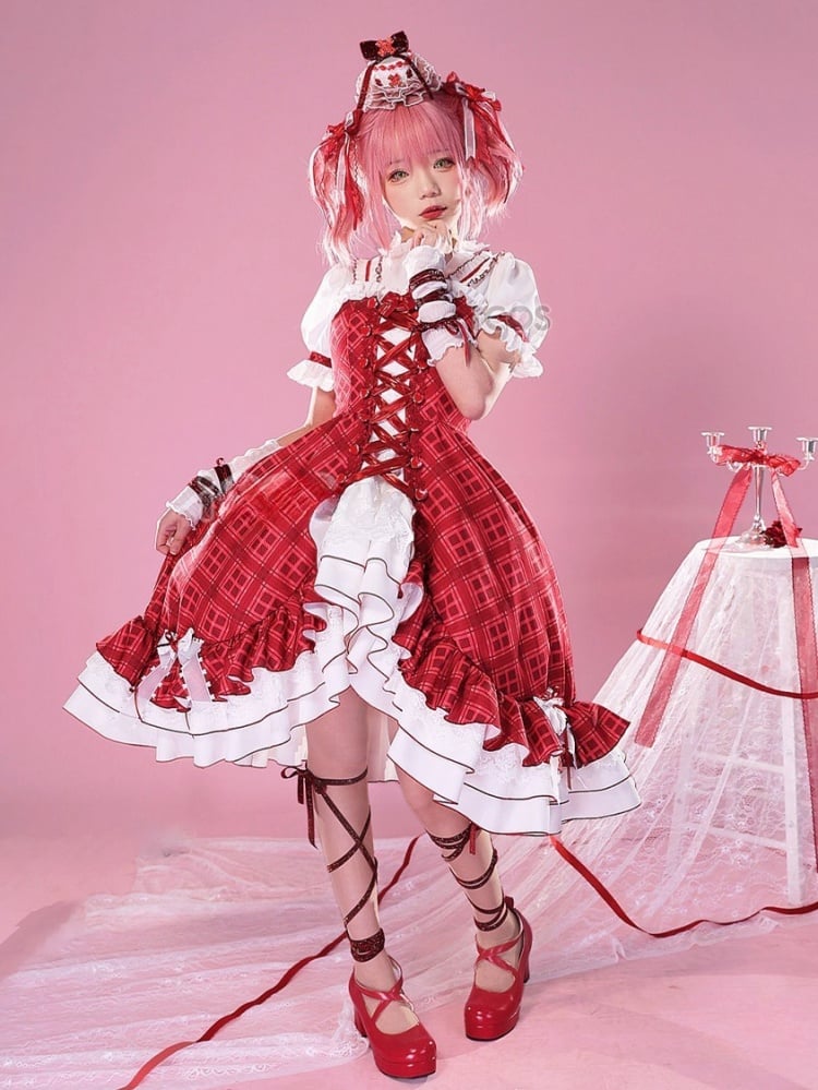 Shugo Chara Hinamori Amu Rot kariertes Kleid Lolita-Stil Cosplay Kostüm