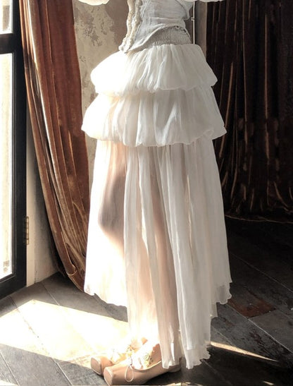 with Bubble Ruffled Apricot Tiered Skirt Ankle-Length Hem