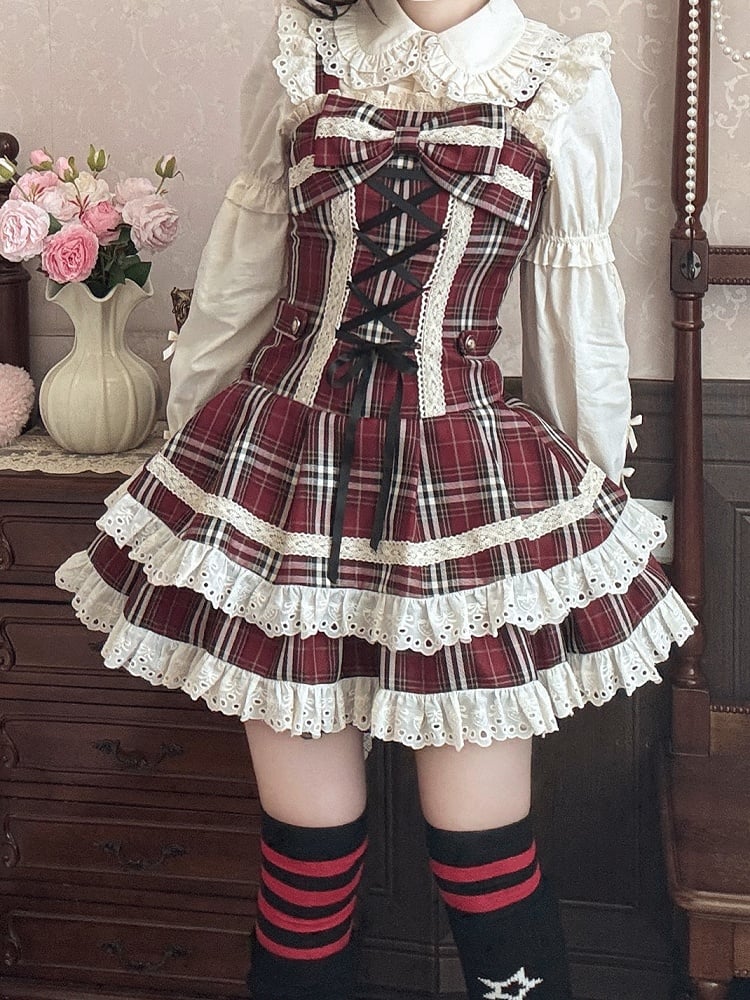 Plaid Dress Red Trim Flutter Sleeves Sweet with Lolita Lace