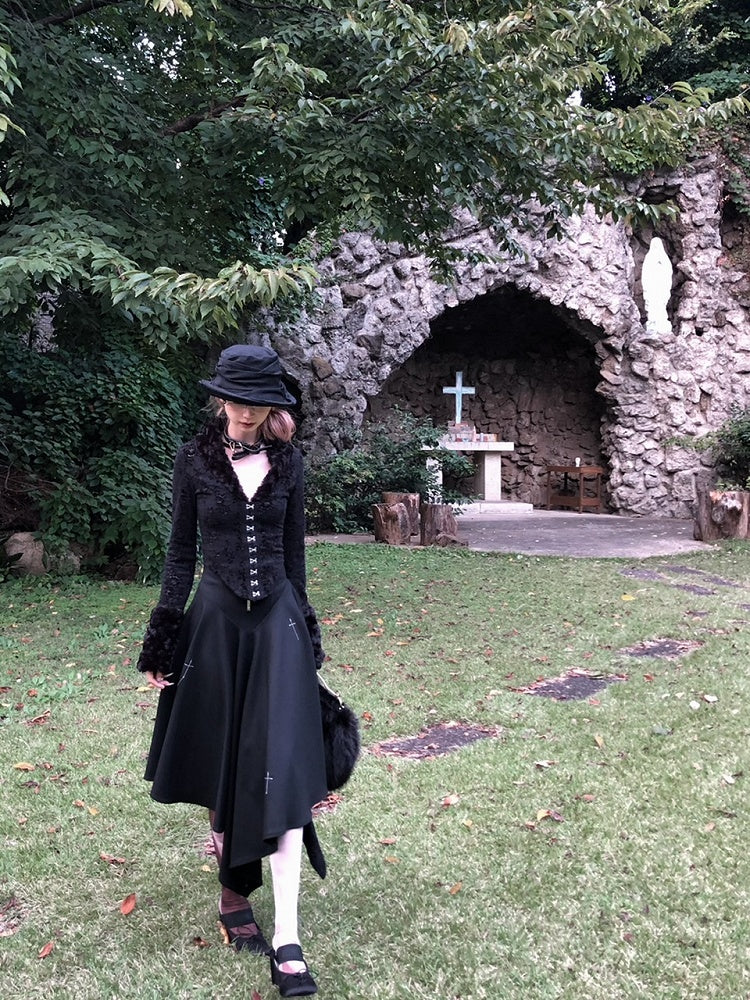 Lace Ankle-Length Cross Stitch Black/Dark Skirt with Gothic Gray Detailing Embroidered