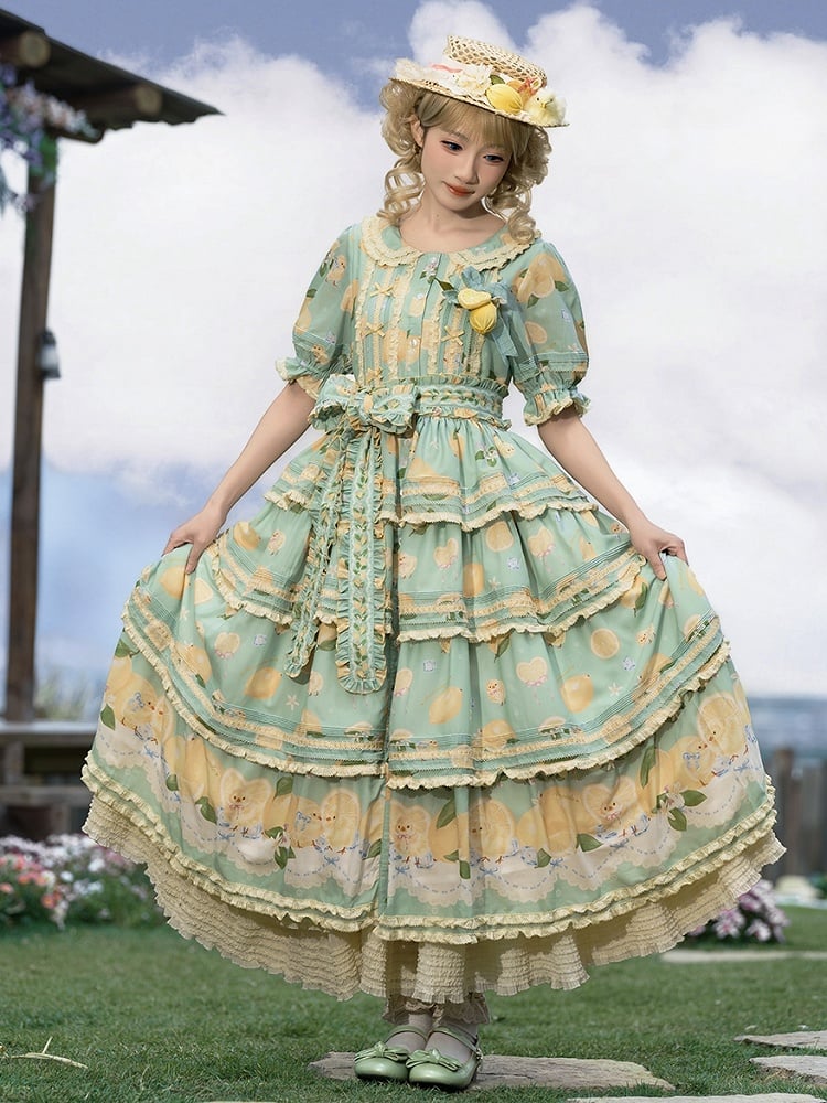 Button Lemon Print Short Skirt Placket Lolita Sleeves Tiered and Front Dress Green Chick