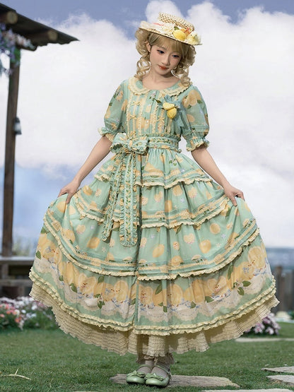 Button Lemon Print Short Skirt Placket Lolita Sleeves Tiered and Front Dress Green Chick