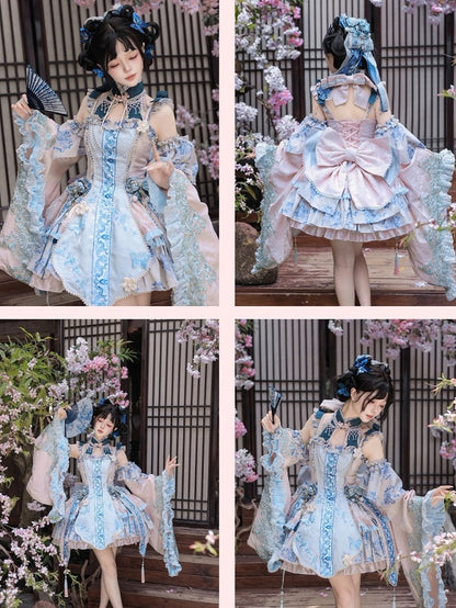 Porcelain Theme Qi Lolita Short Skirt Dress Set with Floral Print - Your Highness