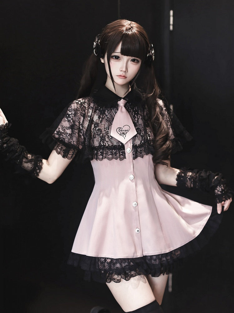 Stripe Dress Set with Lace Cape and Tie - Ekomi