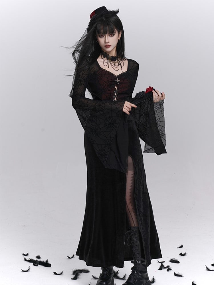with Thigh-High Black Halloween Gothic Sleeves Bell Spiderweb Red Slit Dress