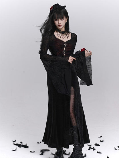 with Thigh-High Black Halloween Gothic Sleeves Bell Spiderweb Red Slit Dress