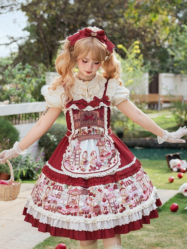 Sweet Red Lolita Jumper Dress with Fruity Print and Lace Trim - Honey Machine