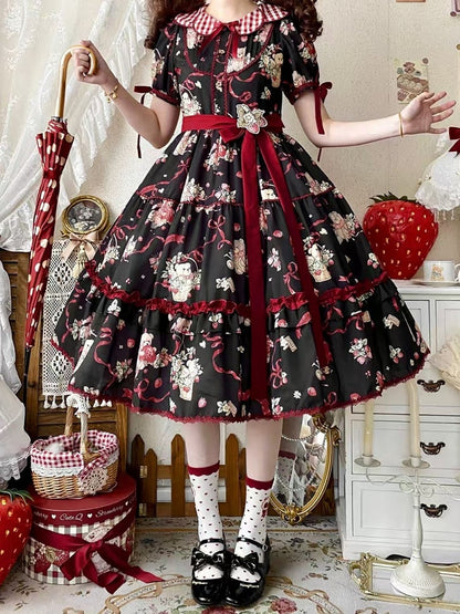 Short Lolita Sleeves Print Teddy Black Strawberry Dress and