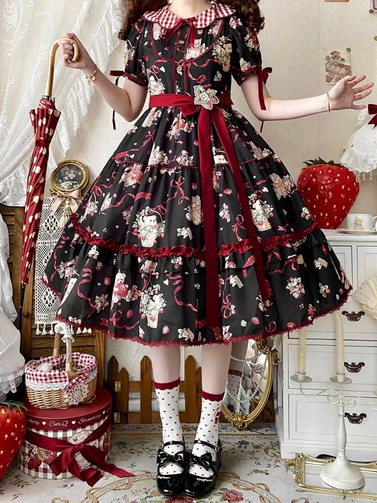 Teddy Print Erdbeerkleid Lolita und Ärmel Kurz Schwarz