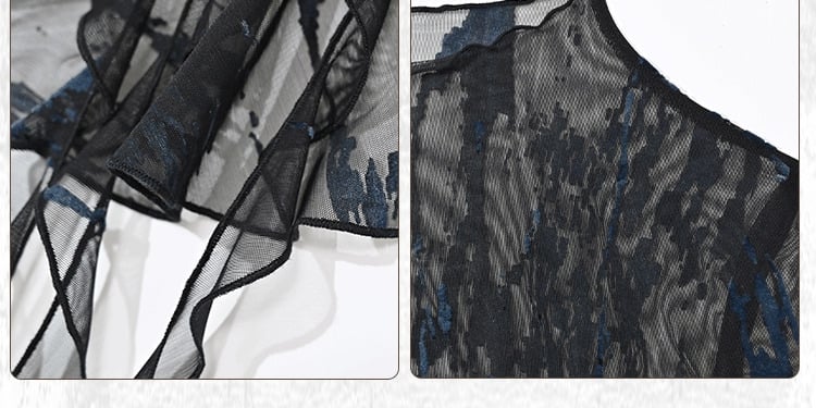 グランジ パンク ロック フェアリーコア ブルー＆ブラック ベルスリーブ メッシュトップ