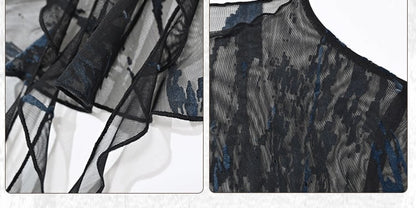 グランジ パンク ロック フェアリーコア ブルー＆ブラック ベルスリーブ メッシュトップ