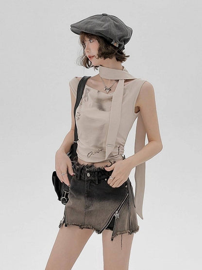 Denim High-waisted Shorts with Butterfly Zippers & Distressed Details - Girlyhalo