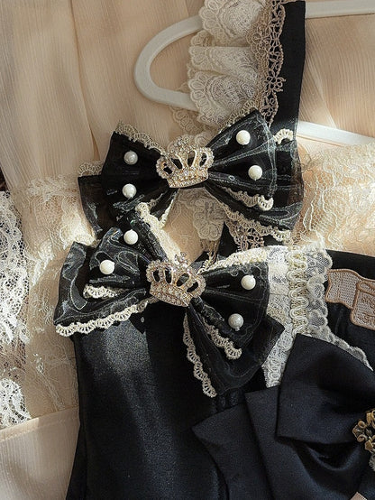 Beaded Bowknot Rhinestone Crown Red Black/Wine Decorated And Hairclip