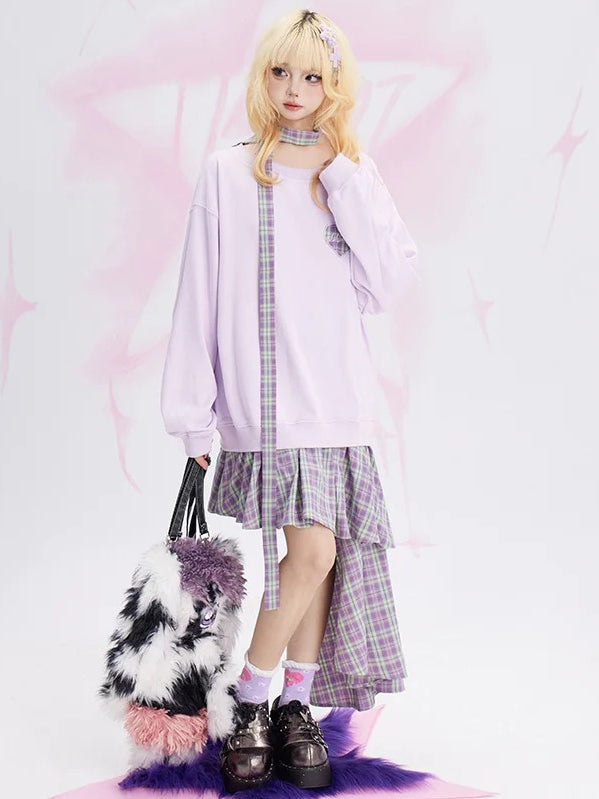 Lila kariertes Patchwork-Sweatshirtkleid mit asymmetrischem Saum und kostenlosem Schal