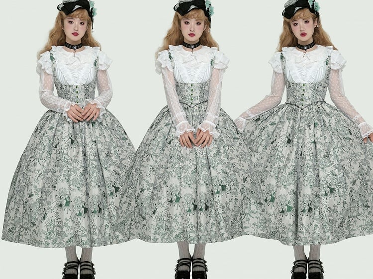 Green Basque Boned Bust Lolita Skirt and Jumper Waist Animals Print Wood Under
