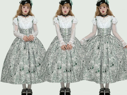 Green Basque Boned Bust Lolita Skirt and Jumper Waist Animals Print Wood Under