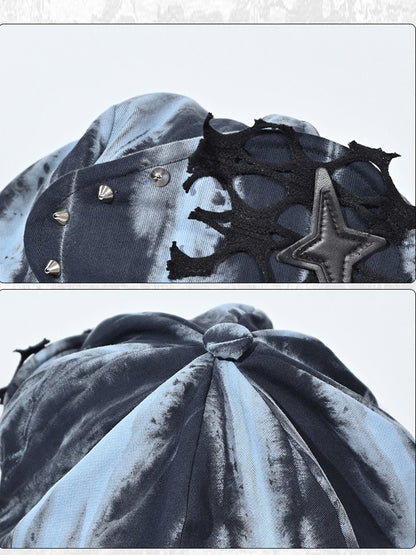 グランジパンクロックスタースタッドブルー＆ブラックタイダイベレー帽