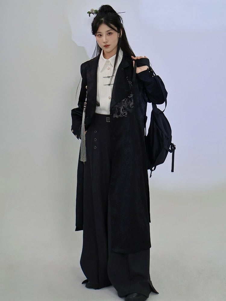 Black Trench Coat with Dragon Embroidery, Mandarin Collar & Detachable Tassel Trim - Feng Hua Gui Guo Ling