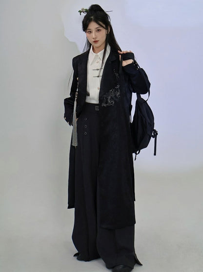 Black Trench Coat with Dragon Embroidery, Mandarin Collar & Detachable Tassel Trim - Feng Hua Gui Guo Ling