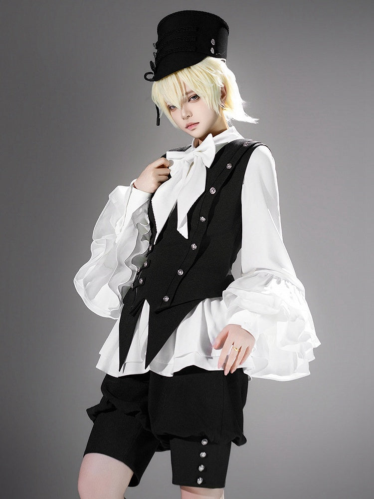 Black Ouji Lolita Deep V-Neck Waistcoat with Pointed Hem and Silver Buttons - Princess Chronicles