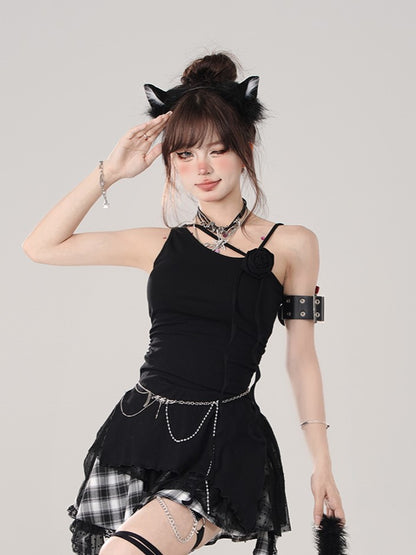 - Rose Sleeveless Black Asymmetrical Shoulder Accent Top