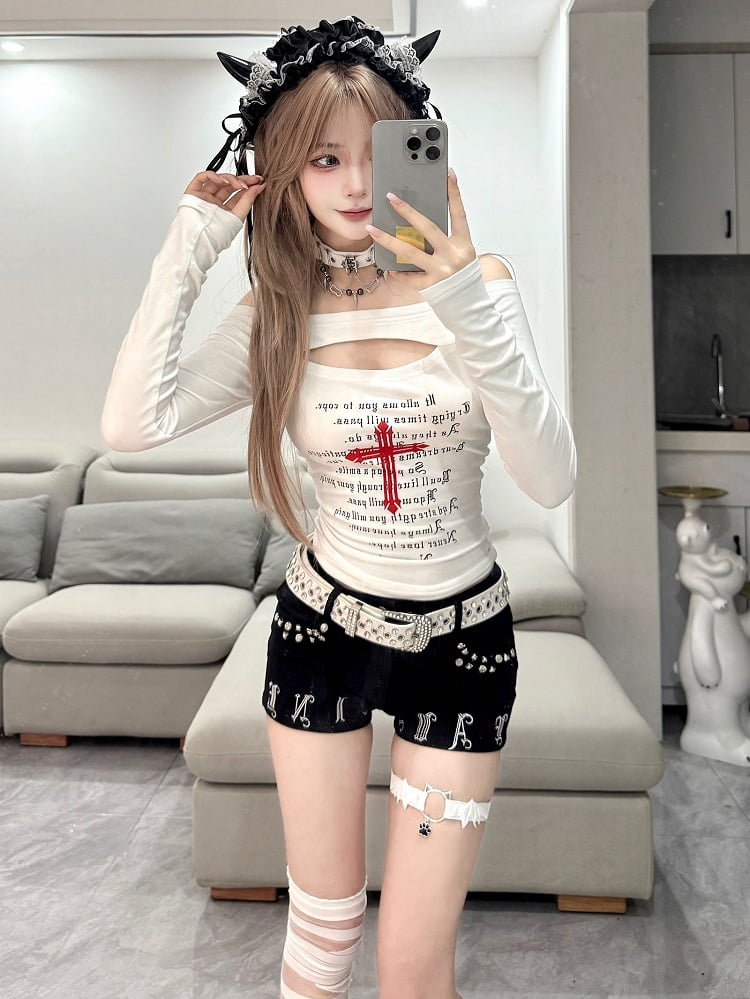 Red with White Print Bold Top Style Front Subculture Cutout Off-Shoulder | Cross