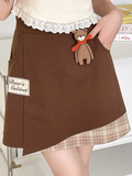Plushie Brown Letter Embroidery Applique Plaid Skirt with Hem Bear