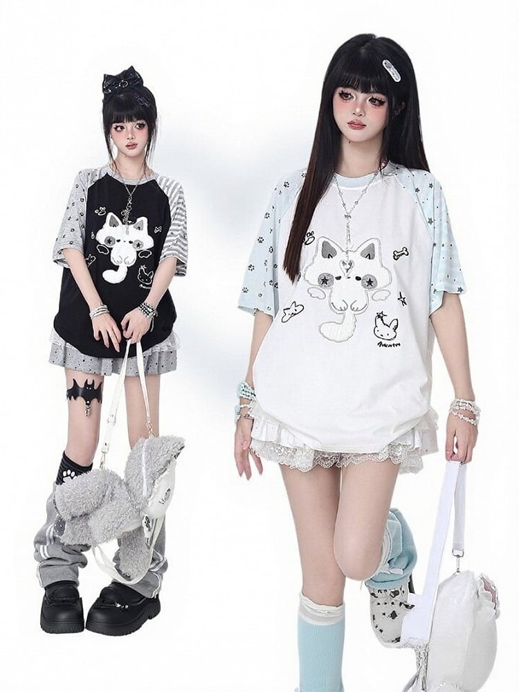 Black Short Sleeve Tee with 3D Plush Kitty - CRAZY GIRL