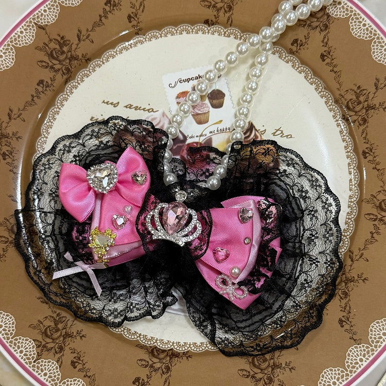 Rhinestone Necklace BlackPink Lace Bowknot Trim Heart Crown And Pendant Decorated Beaded