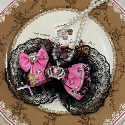 Rhinestone Necklace BlackPink Lace Bowknot Trim Heart Crown And Pendant Decorated Beaded