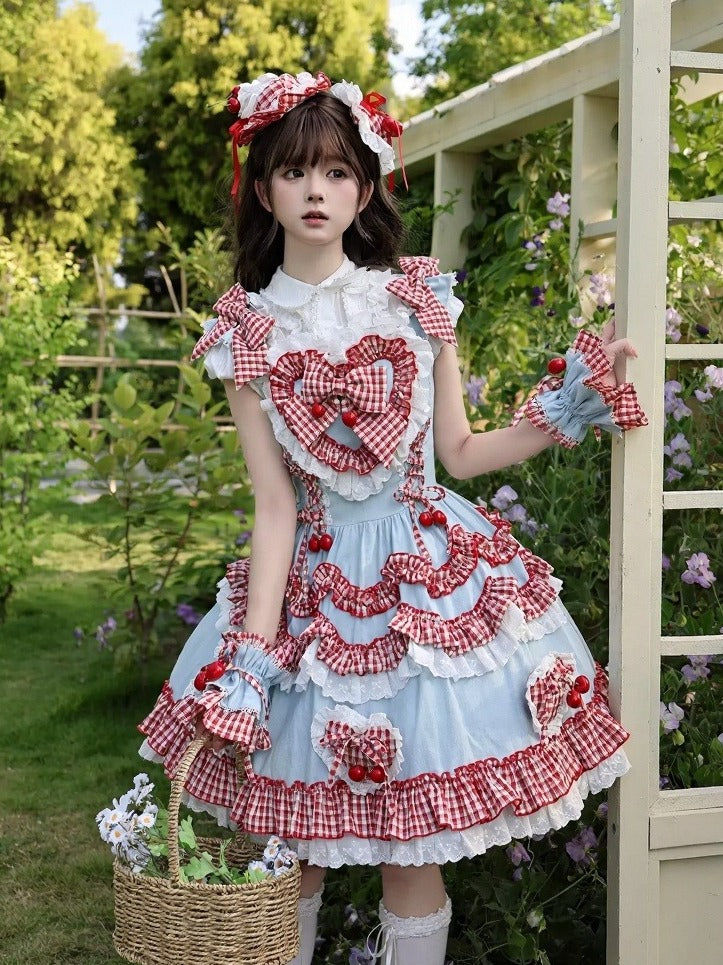 Scarlet and Navy Cherry Polka-Dot Lace JSK - Rosede Cheese