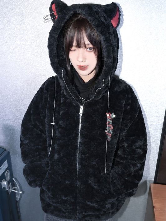 Drawstrings Coat Mythical Chain Cat Beast Metal Gothic with Hooded Ear Black Cheongsam Embroidery