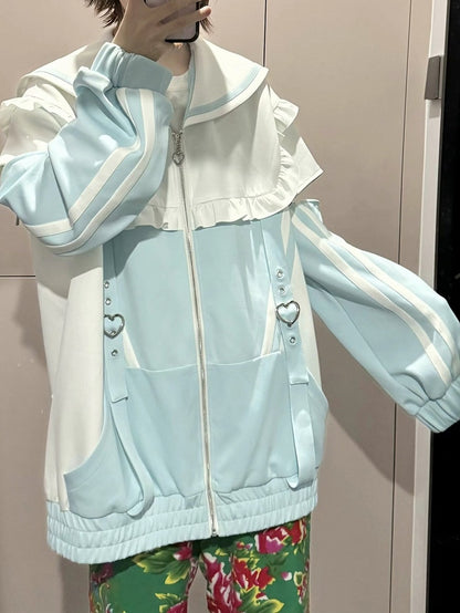 Sweatshirt mit Reißverschluss und Kragen, weißgrün, Kei-Verschluss, Jirai-Jacke, Matrose