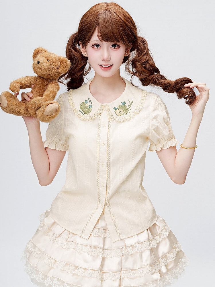 Green Apple Embroidery Collar Cream Short Sleeve Top - Dream Magic Box