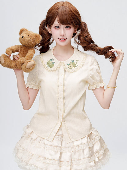 Green Apple Embroidery Collar Cream Short Sleeve Top - Dream Magic Box