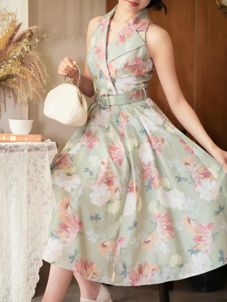 ファッションフローラルドレスブレザーレトロプリントカラーグリーン夏1950年代