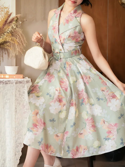 ファッションフローラルドレスブレザーレトロプリントカラーグリーン夏1950年代