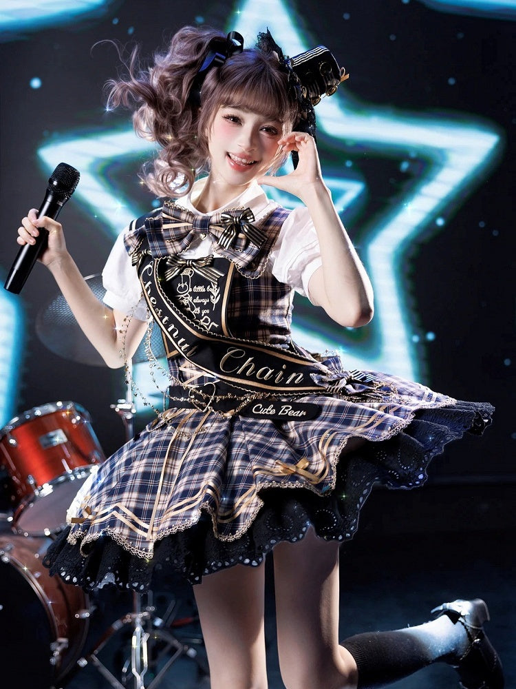 Blue Idol Lolita Plaid JSK Dress with Golden Bear Embroidery and Black Scalloped Hem - LiLi Chain