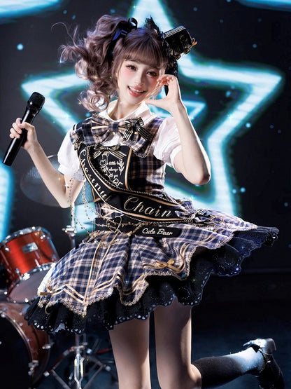 Blue Idol Lolita Plaid JSK Dress with Golden Bear Embroidery and Black Scalloped Hem - LiLi Chain