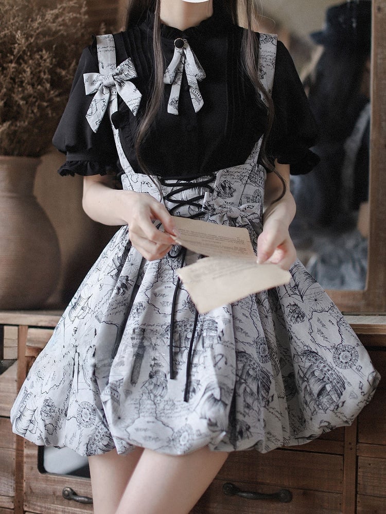 Black Ruffle Neckline Blouse with Puff Sleeves and Pleating Details