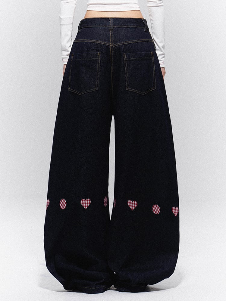 Heart Denim Black with Embroidery Vintage Wide-Leg Trousers Plaid