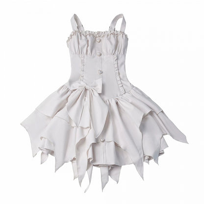 Off-White Asymmetric Cami Dress with Ruffle & Bow - PINK SAVIOR