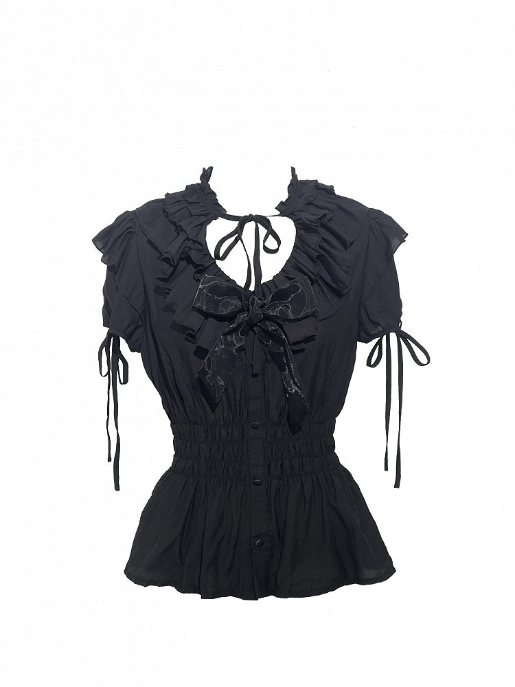 Gothic Layered Neckline Lolita Black with Waist Ruffles Blouse Elastic Smocked