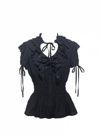 Gothic Layered Neckline Lolita Black with Waist Ruffles Blouse Elastic Smocked