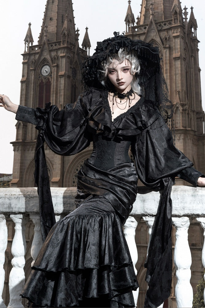 Gothic Asymmetrischer Rock Korsett mit Taillenstäbchen Kaskadierender hoher Lolita-Volant Meerjungfrauensaum Schwarz