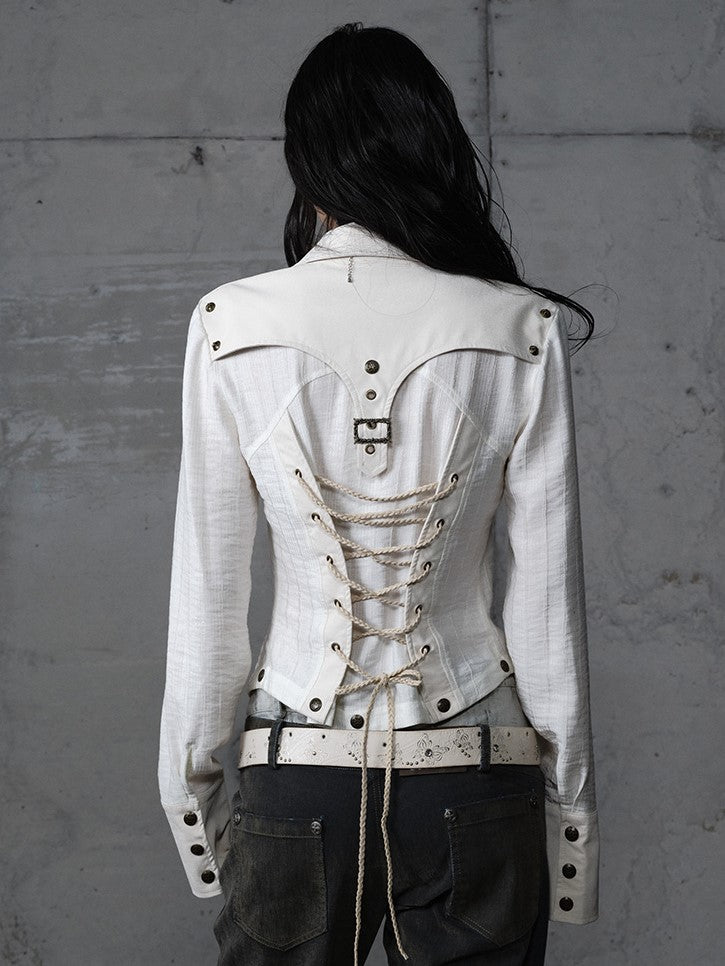 Punk Vintage Detachable Hem Patchwork White Back PU with Shirt Deconstructed