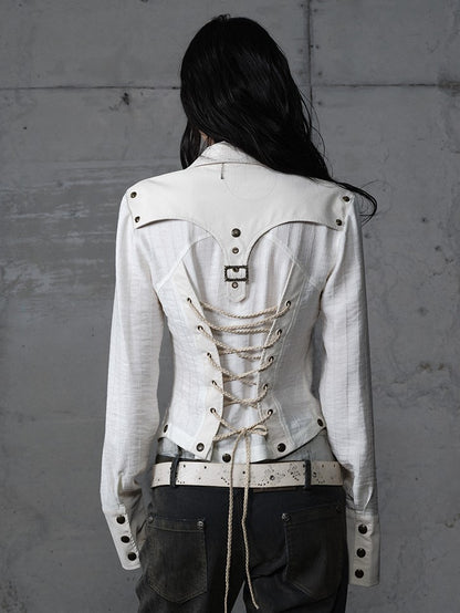 Punk Vintage Detachable Hem Patchwork White Back PU with Shirt Deconstructed