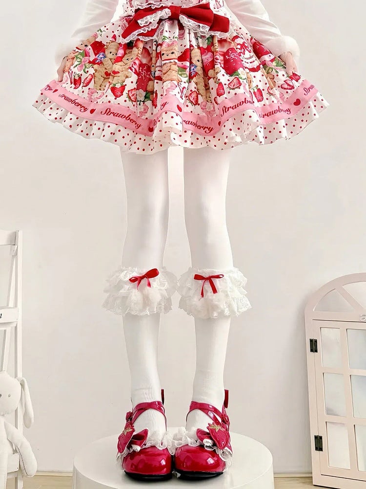 Calf Red - Lace with White Ruffle Socks Bow Pom-pom