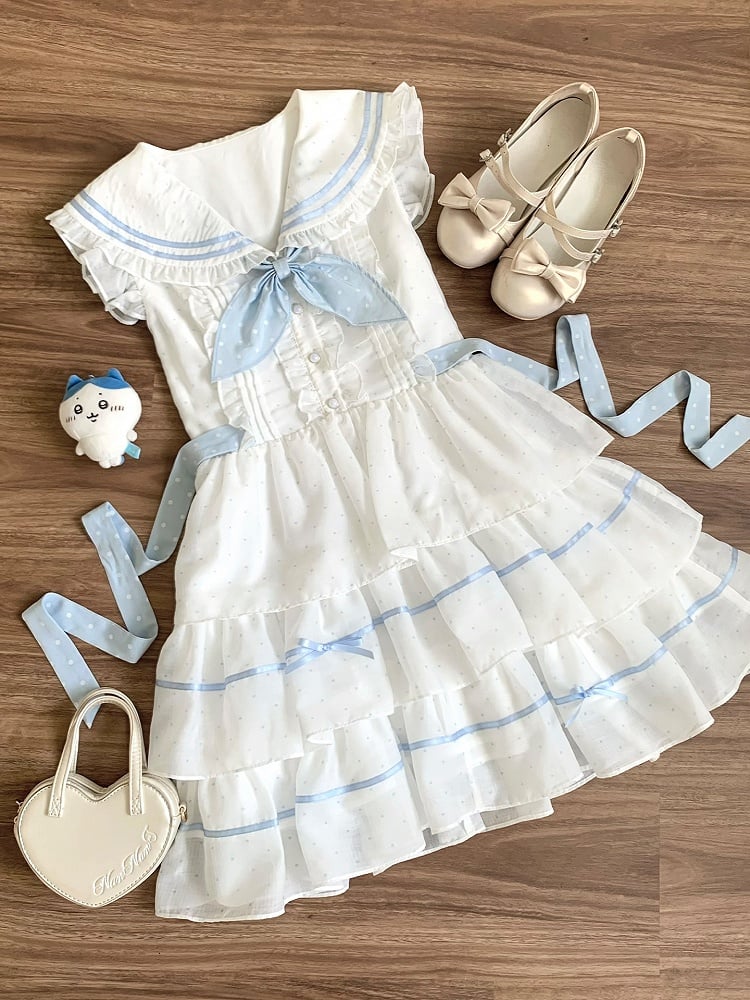 Weiß-blaues Kleid mit Tupfenmuster und Matrosenkragen Navycore