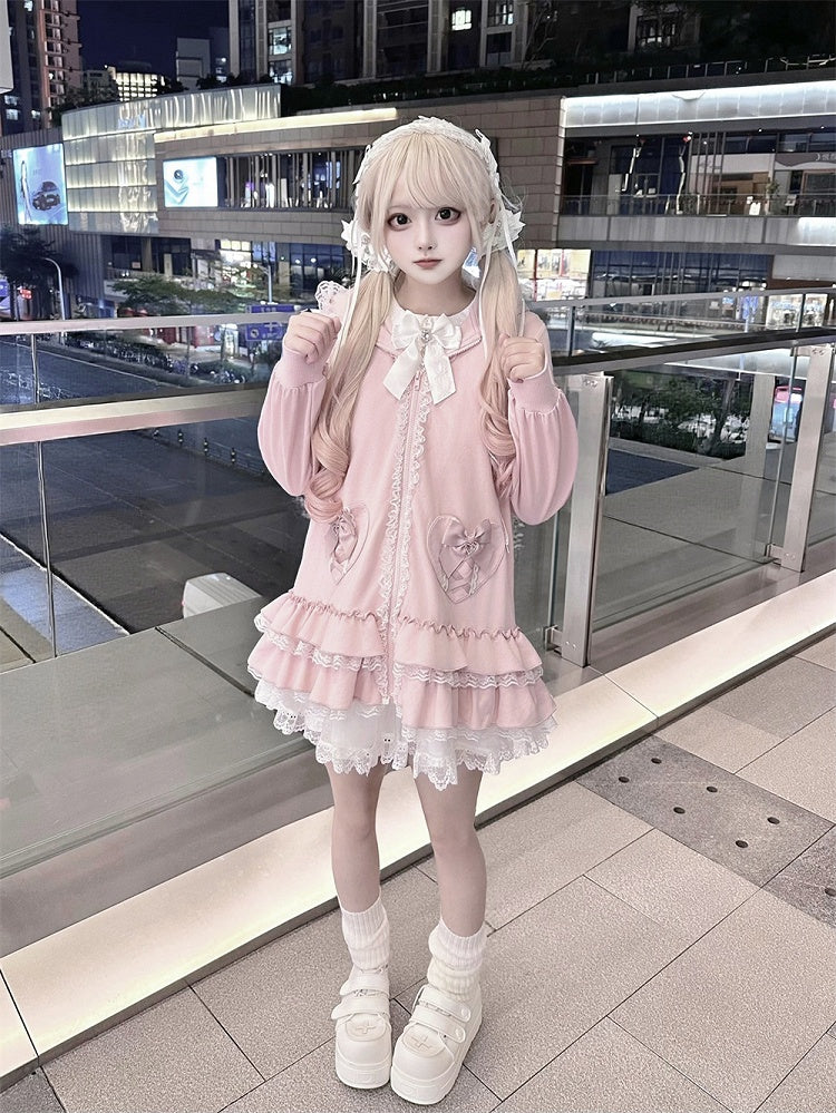 Tiered Pink Sweet | Hoodie Ruffles Kei Dress Heart Pockets Jirai Bunny-Eared